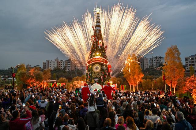 A 22-meter-high Christmas tree was lit in Zgharta northern Lebanon on Dec 6