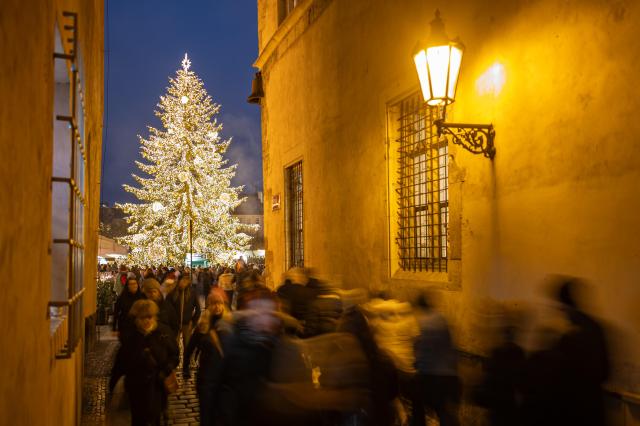 A Christmas tree was installed at Old Town Square in Prague Czech Republic on Dec 21