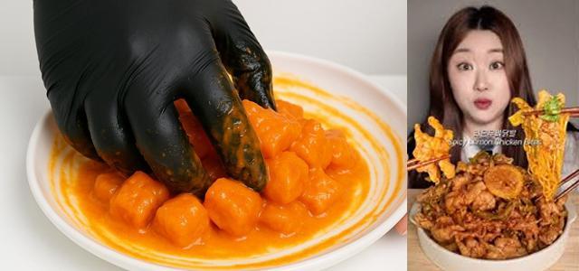 A photo left shows salmon kkakdugi while Korean YouTuber Bakkong eats lemon boneless chicken feet in May 2025 Screen capture from social media and bakkongg’s Instagram account
