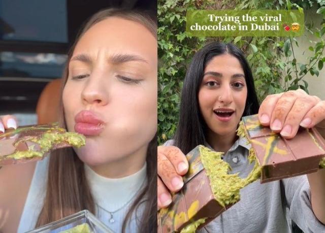 Two TikTok creators taste Dubai chocolate on their social media accounts Screen capture from mariavehera257 and hibaxkh
