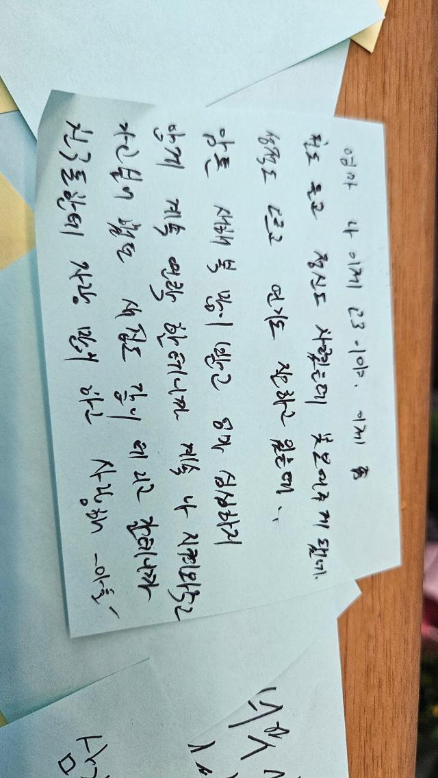 Post-it says “Mom I’m a senior in high school now I’ve finally matured and come to my senses but I can’t show you anymore My grades are improving my acting’s getting better too Anyway Happy New Year Please keep watching over me so you’re not lonely I’ll bring you to the new house you wanted to see so you can brag to your friends I love you - Your son” AJP Lee Jung-woo 