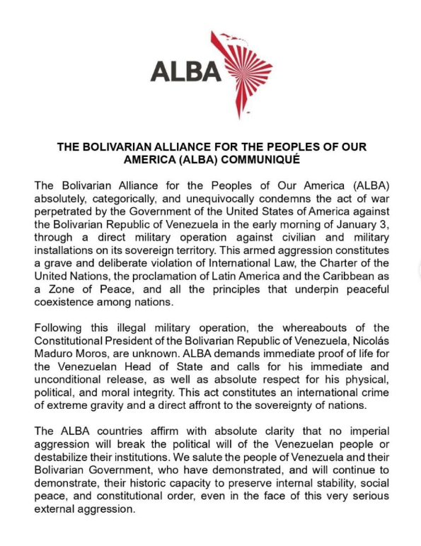 미주 지역을 위한 볼리바르 동맹ALBA의 규탄 성명사진＝주한 베네수엘라 대사관 인스타그램 갈무리