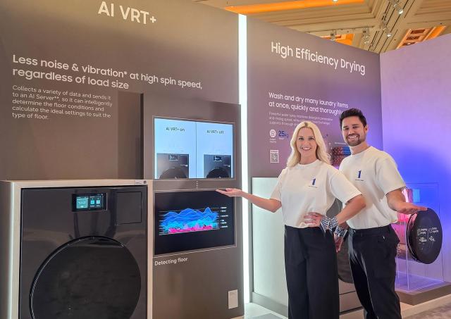 On Jan 5 local time a model of Samsung Electronics introduces the Bespoke AI Combo washer-dryer during the company’s “First Look” showcase held from Jan 4 to 7 at CES 2026 in Las Vegas the world’s largest consumer electronics exhibition Yonhap