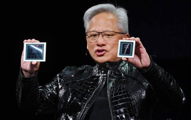 NVIDIA CEO Jensen Huang delivers the keynote address during an NVIDIA press conference at the Fontainebleau Hotel’s BlueLive Theater in Las Vegas on Jan 5 local time Yonhap