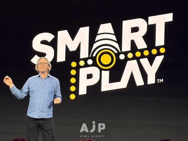 Tom Donaldson senior vice president at the Lego Group gives a media presentation of the firms Smart Play Lego bricks at the Mandalay Bay Convention Center in Las Vegas Jan 5 2026 Aju News Corporation Special Jointed Corps