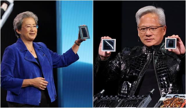 엔비디아와 AMD가 CES를 앞둔 5일현지시간 차세대 AI 반도체 칩을 공개했다 사진은 왼쪽부터 미국 네바다주 라스베이거스 베네시안 호텔에서 키노트 연설을 하는 리사 수 AMD CEO 퐁텐블로 호텔에서 열린 엔비디아 CES 2026 라이브에서 칩을 들고 있는 젠슨 황 엔비디아 CEO사진연합뉴스
