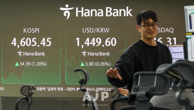 A display board shows the KOSPI index at the dealing room of Hana Bank headquarters in Jung-gu Seoul on Jan 8 2026 AJP Yoo Na-hyun