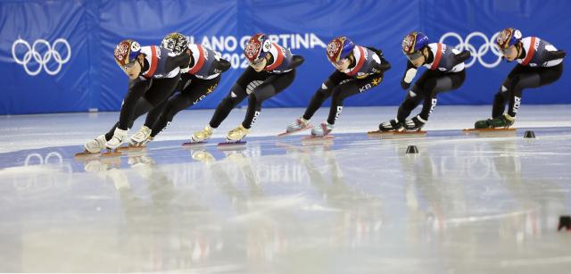 Short track national team athletes including Rim Jong-un front train at the Jincheon National Training Center in Chungcheongbuk-do about a month ahead of the 2026 Milano Cortina Winter Olympics Jan 7 2026 AJP Han Jun-gu