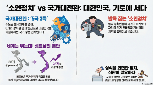 [아주사설 | 기본·원칙·상식]시대착오적 '소인정치'와 결별하고 '5극 3특'의 대항해를 준비하라