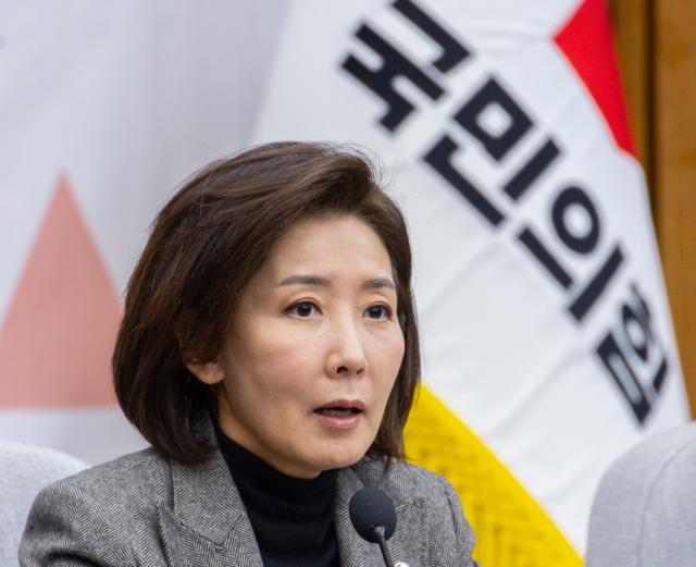 국민의힘 지방선거총괄기획단 위원장인 나경원 의원이 지난달 15일 국회에서 열린 지방선거총괄기획단-전국청년지방의원협의회 연석회의에서 오는 2026년 지방선거에서 청년 우대 정책 구상이 담긴 인사말을 하고 있다 사진연합뉴스