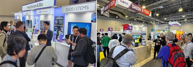CES 2026’에서 혁신상을 받은 엑소시스템즈좌 부스 현장과 파미티 부스 현장이다  사진케이메디허브