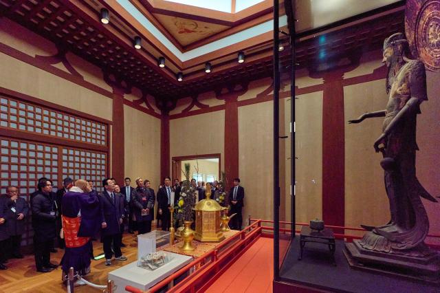 South Korean President Lee Jae Myung and Japanese Prime Minister Takaichi Sanae tour Horyu-ji Temple a major cultural heritage site in Nara Prefecture Japan on Jan 14 2026 Yonhap