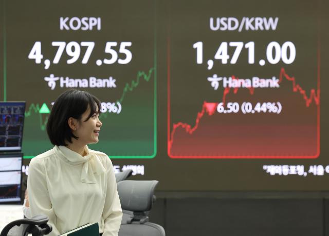 An electronic display at Hana Bank’s dealing room in Seoul shows the closing KOSPI index and the won-dollar exchange rate on the afternoon of January 15 when the benchmark index hit a new record high nearing the 4800 level Yonhap