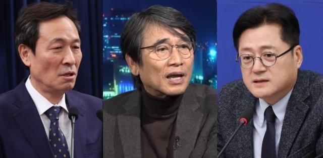  우상호 전 정무수석왼쪽 유시민 작가가운데 홍익표 신임 정무수석오른쪽  사진  연합뉴스 및 유튜브 