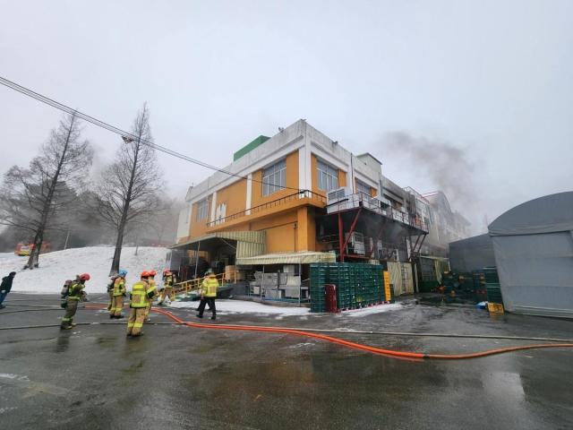 충남 서산의 한 식품 제조공장에서 불이 나 소방 대원들이 화재를 진압하고 있다 사진서산시