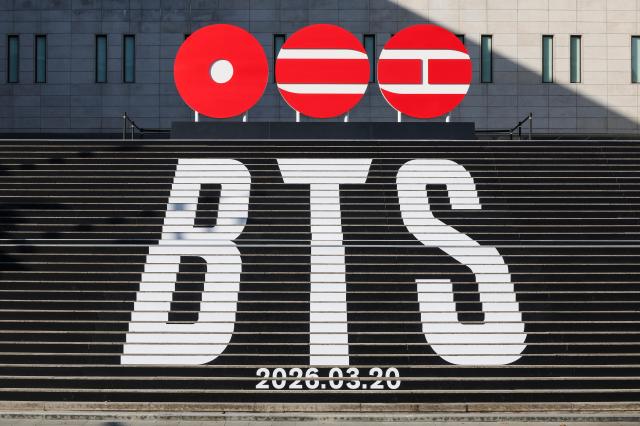 The staircase of the Sejong Center for the Performing Arts in Jongno-gu Seoul is decorated with promotional materials for BTS which is set to return with its fifth full-length album in March on Jan 72026 AJP Yoo Na-hyun