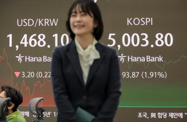 The benchmark KOSPI index surpasses the 5000 mark during morning trading at a dealing room of Hana Bank in Jung-gu Seoul on Jan 222026 AJP Yoo Na-hyun
