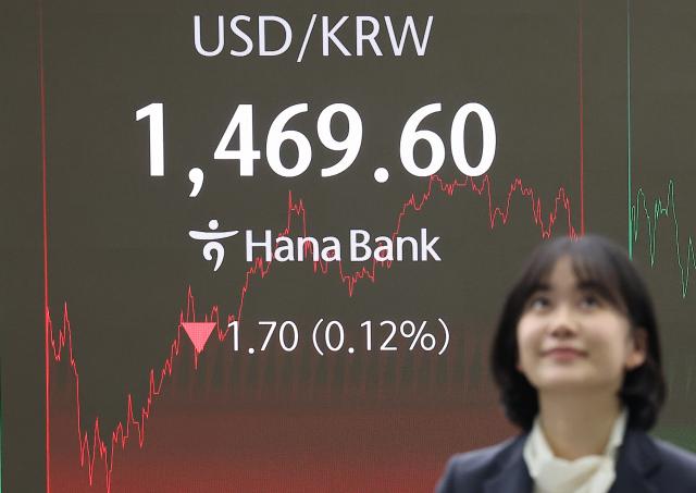 22일 오후 서울 중구 하나은행 본점 딜링룸 현황판에  원·달러 환율이 표시돼 있다 사진연합뉴스