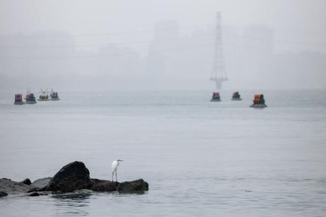 대만 타이베이의 단수이강Tamsui River에서 바위 위에 새 한 마리가 서 있고 그 뒤편으로 중국의 ‘정의의 사명 2025Justice Mission 2025’ 대만 주변 군사훈련에 대응해 실시된 대만군의 비상 전투 대비 훈련의 일환으로 배치된 폭발물 드럼통이 보인다사진로이터