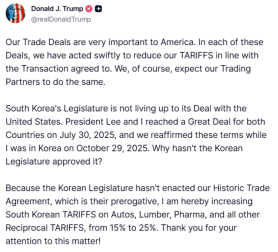 Trump threatens to raise tariffs back to 25%, blaming Seoul for delaying tariff deal