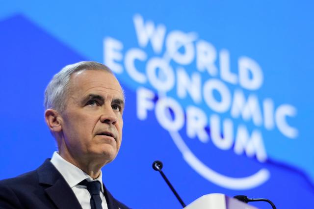 Canadas Prime Minister Mark Carney speaks during the Annual Meeting of the World Economic Forum in Davos Switzerland on Jan 20 2026 AP-Yonhap