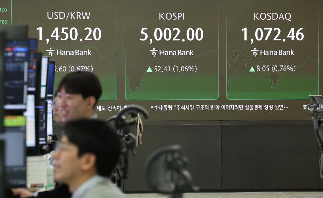 한국산 제품에 대한 관세를 무역합의 이전으로 되돌리겠다는 도널드 트럼프 미국 대통령의 발표에 27일 하락 출발한 코스피가 장중 5000포인트를 넘어서고 있다 사진연합뉴스