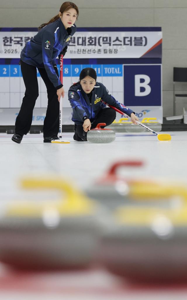 South Korean curling team members Seol Ye-ji left and Kim Min-ji train at the curling rink in Jincheon National Training Center North Chungcheong Province Jan 27 Yonhap