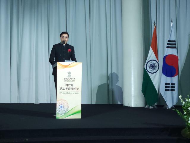 Indian Ambassador Gourangalal Das addresses guests during a reception at Sevit Island in Seoul on January 26 to celebrate Indias 76th Republic Day AJP Park Sae-jin