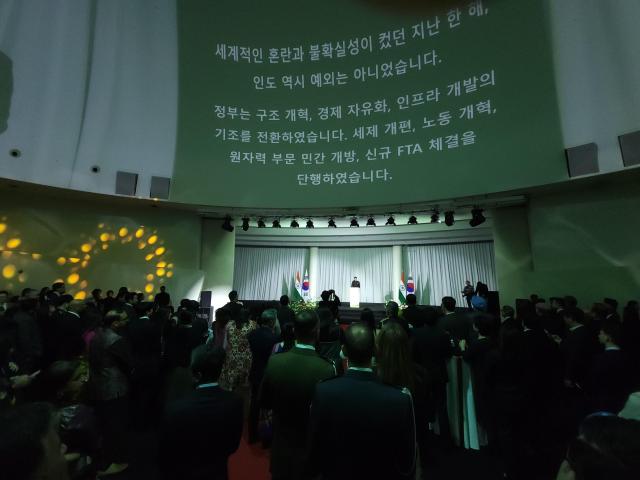 Indian Ambassador Gourangalal Das addresses guests during a reception at Sevit Island in Seoul on January 26 to celebrate Indias 76th Republic Day AJP Park Sae-jin