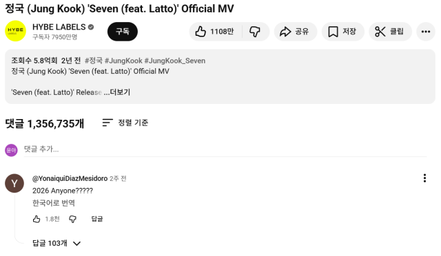 Screenshot of a fans comment on Jung Kook’s official “Seven” music video on YouTube