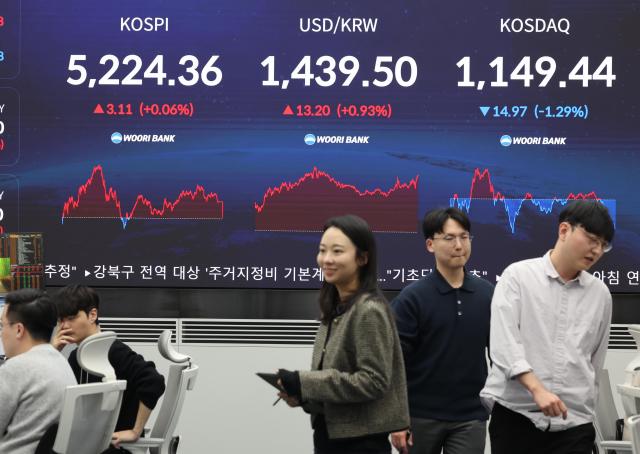 지난 30일 서울 중구 우리은행 딜링룸 전광판에 코스피·코스닥지수와 원·달러 환율이 표시돼 있다 사진연합뉴스