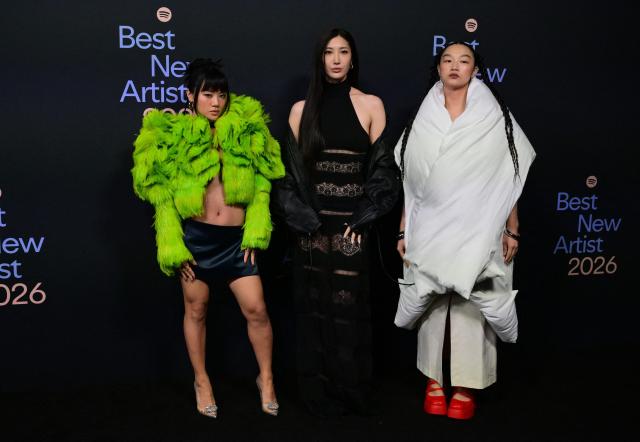 1월 29일현지시간 미국 캘리포니아주 웨스트 할리우드에서 열린 스포티파이 ‘2026 베스트 뉴 아티스트 파티’에 참석한 K팝 걸그룹 헌트릭스Huntrix 사진 AFP