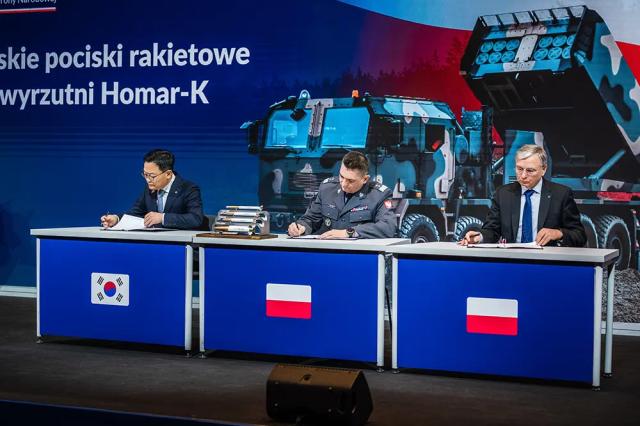 From left Jae-il Son president and CEO of Hanwha Aerospace Artur Kuptel head of the Polish Armament Agency and Piotr Wojciechowski president of the WB Group sign the contract on Dec 29 2025 Courtesy of Hanwha Aerospace