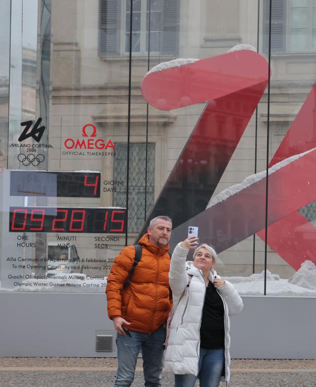 A countdown clock marking the days remaining until the opening of the 2026 Milan–Cortina Winter Olympics is displayed on an Olympic installation at Duomo Square in Milan Italy on Feb 2 2026 Yonhap