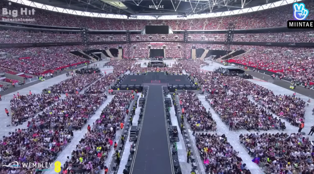 A screenshot from a fan-uploaded YouTube video of BTS’s “Love Yourself Speak Yourself” world tour concert at Wembley Stadium