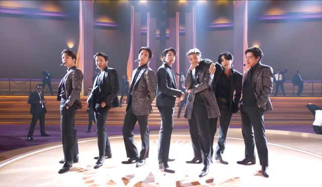 This photo captured from Bangtan TV youtube channel show members performing Butter at  68thGrammy Award Photo captured from Bangtantv youtube channel