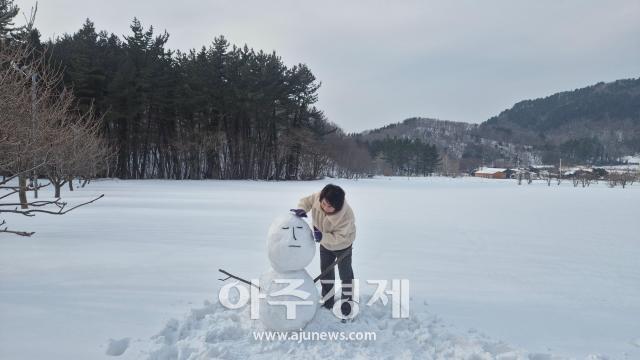 울릉도를 방문한 한 관광객이 나리분지에서 눈사람을 만들고 있다사진안경호 기자