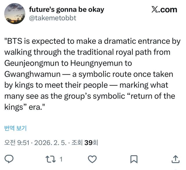 A fan on X calls BTS’s Gwanghwamun comeback concert a historic first and a new cultural milestone