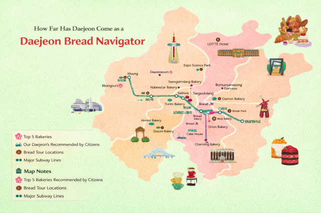 This photo created using Chat GPT show map with various bakeries within Daejeon