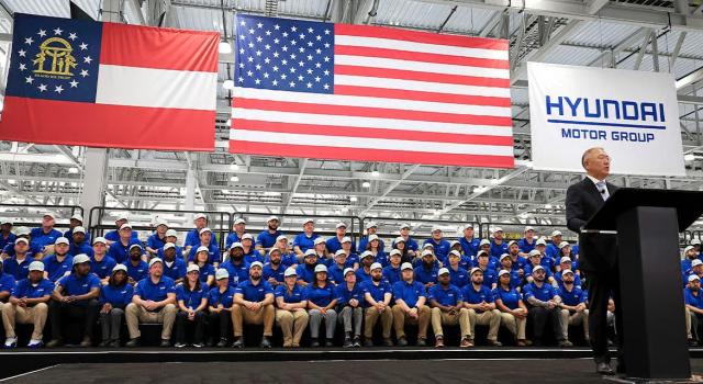 Hyundai Motor Group Chairman Chung Eui-sun speaks during a ceremony marking the group’s commitment to Hyundai Motor Group Metaplant America in Georgia on March 26 2025 Courtesy of Hyundai Motor Group