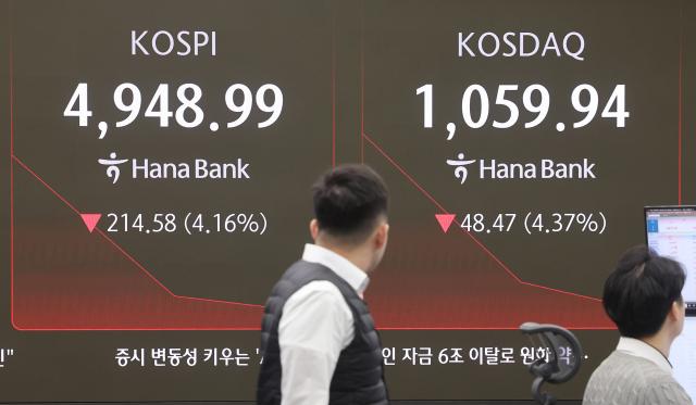 코스피가 5000선 아래로 떨어지며 출발한 6일 서울 중구 하나은행 딜링룸에서 직원이 업무를 보고 있다 이날 2월 첫째 주 두번째 사이드카가 발동됐다 사진연합