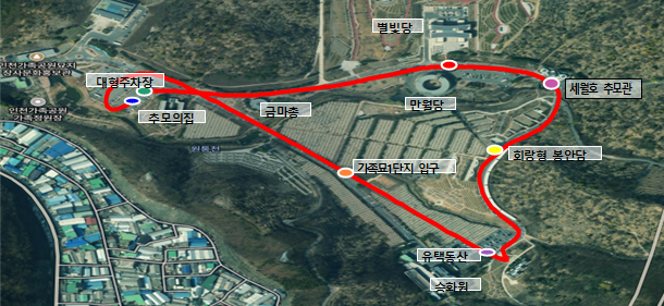 내부 운행 노선  ●대형주차장 ⇒ ●별빛당·만월당 ⇒●세월호추모관⇒●회랑형봉안담 ⇒ ●승화원유택동산 ⇒ ●가족묘1단지 입구 ⇒ ●대형주차장 사진인천시