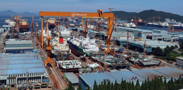 This file photo shows vessels under construction at Hanwha Ocean’s shipyard in Geoje South Gyeongsang Province Yonhap