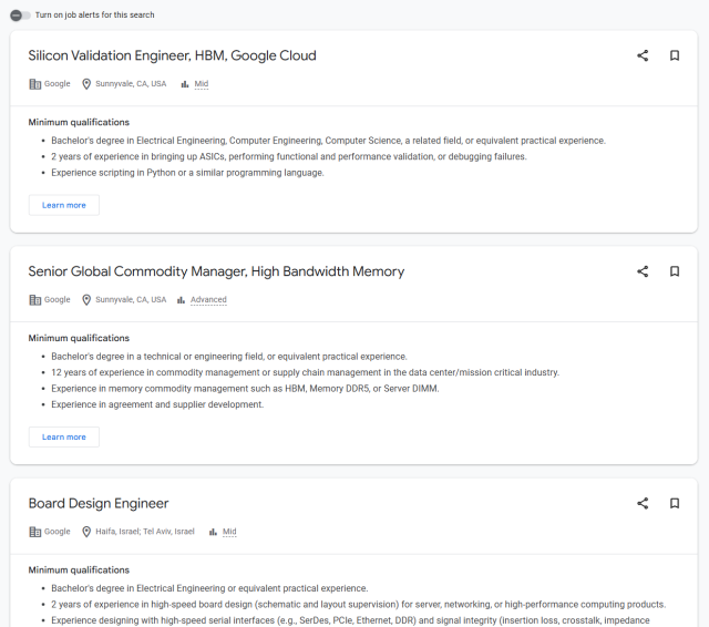 HBM related job openings at Google Captured from Google Careers