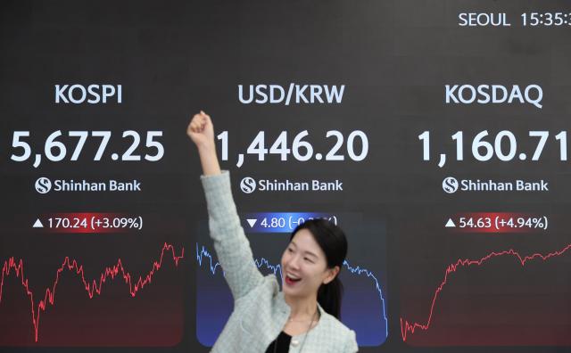 19일 코스피가 전 거래일 대비 17024포인트309 오른 567725에 거래를 마치며 사상 첫 5600선을 돌파하고 코스닥도 전 거래일 대비 5463포인트494 상승한 116071에 장을 마감했다 사진은 신한은행 본점 현황판 사진신한은행