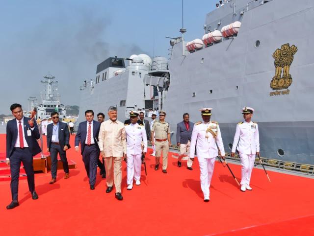 Indian President Droupadi Murmu reviews the assembled fleet alongside senior naval commanders during the International Fleet Review IFR 2026 on Feb 18 Courtesy of the Ministry of Defence Government of India