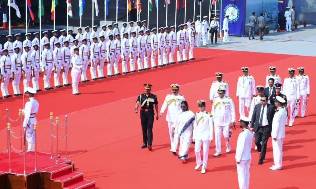 Indian President Droupadi Murmu reviews the assembled fleet alongside senior naval commanders during the International Fleet Review IFR 2026 on Feb 18 Courtesy of the Ministry of Defence Government of India