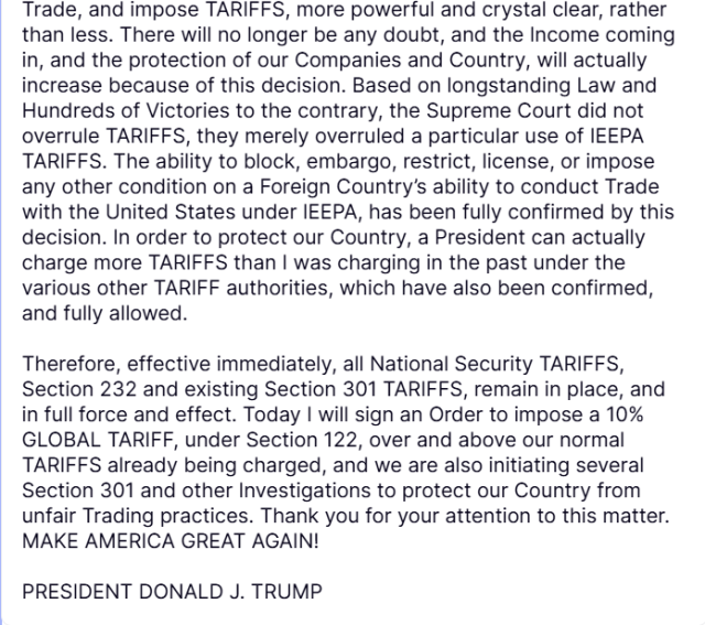 Photo caption of Trump Social Truth page