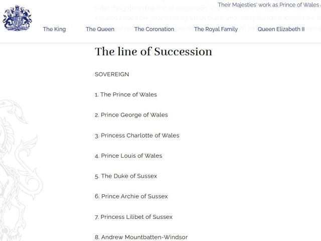 영국 왕실 홈페이지에 열거된 왕위 계승 서열표. 앤드루 전 왕자가 8위로 나타나 있다. [사진=영국 왕실 홈페이지]