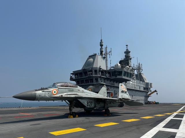 A MiG-29K fighter is on the flight deck of INS Vikrant on Feb 19 2026 AJP Kim Hee-su